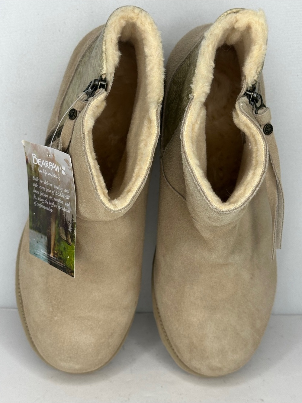 BearPaw NWT Megan Tan Suede Short Zip Winter Boots Wedge - Picture 10 of 10